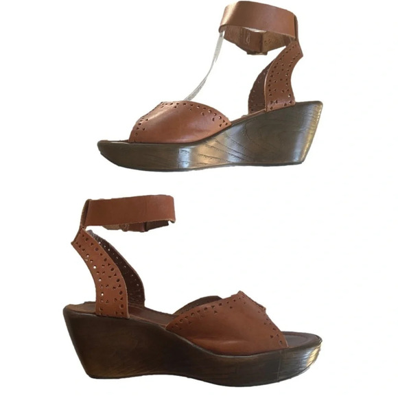 Sotto Sopra Brown Leather Perferated Wedges Open Toe Sandals Ankle buckle 7.5-8 - Picture 5 of 9